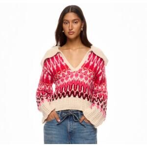 Ramy Brook New York Pink Multi Fair Isle Knit Polo Collar Sweater Size S